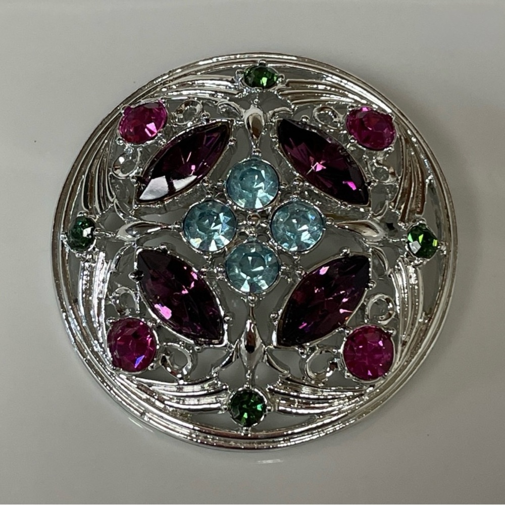 VTG Sarah Coventry 1972 Springtime Multicolor Rhinestone Silver Tone Brooch 2"